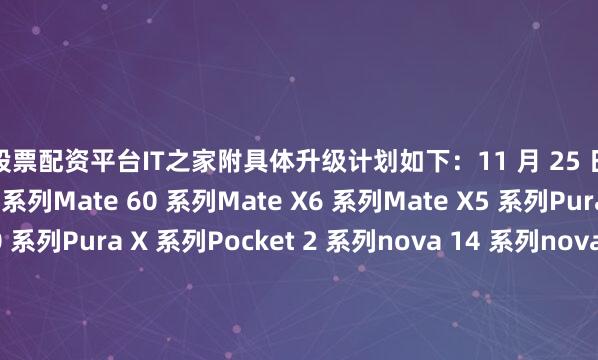靠谱股票配资平台IT之家附具体升级计划如下:11 月 25 日开启升级正式版:Mate 70 系列Mate 60 系列Mate X6 系列Mate X5 系列Pura 80 系列Pura 70 系列Pura X 系列Pocket 2 系列nova 14 系列nova 13 系列nova 12 系列nova Flipnova Flip SMatePad Pro 13.2 英寸 2025MatePad
